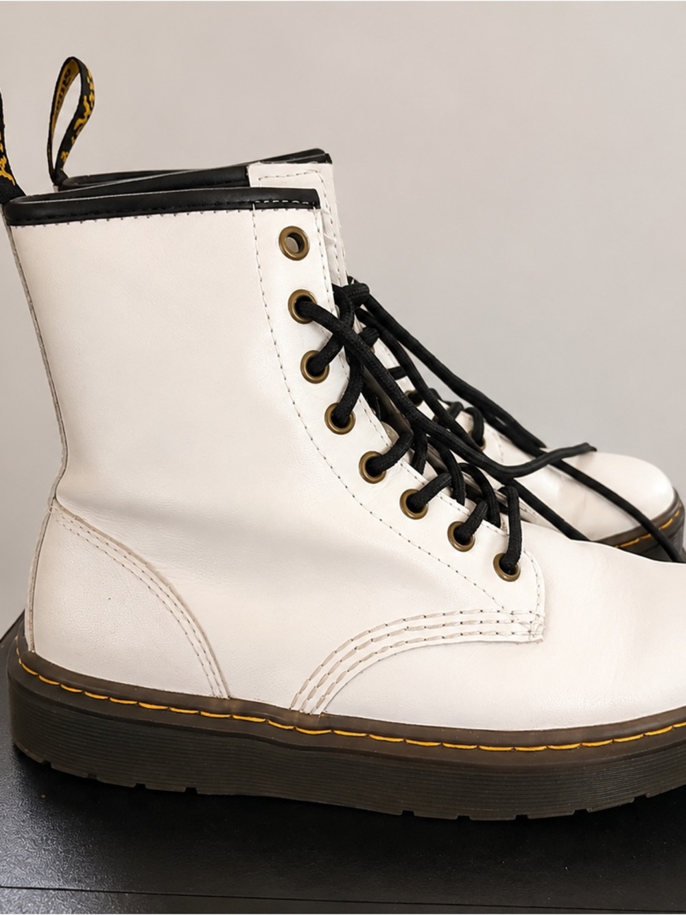 Dr. Martens White Leather Combat Boots with Black Laces Zavala